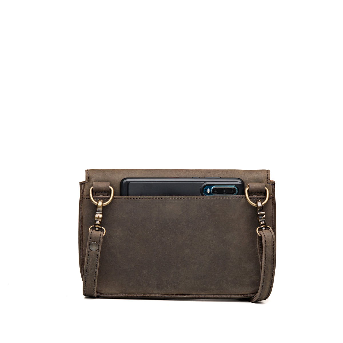 Magnetic Fold Over Bag Medium in Black, back view with a phone in the rear slip pocket