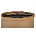 Magnetic Fold Over Bag Medium in Chestnut, flap open showing interior card slots with cards and a phone