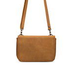 Magnetic Fold Over Bag Medium in Tobacco, front view with flap closed and shoulder strap