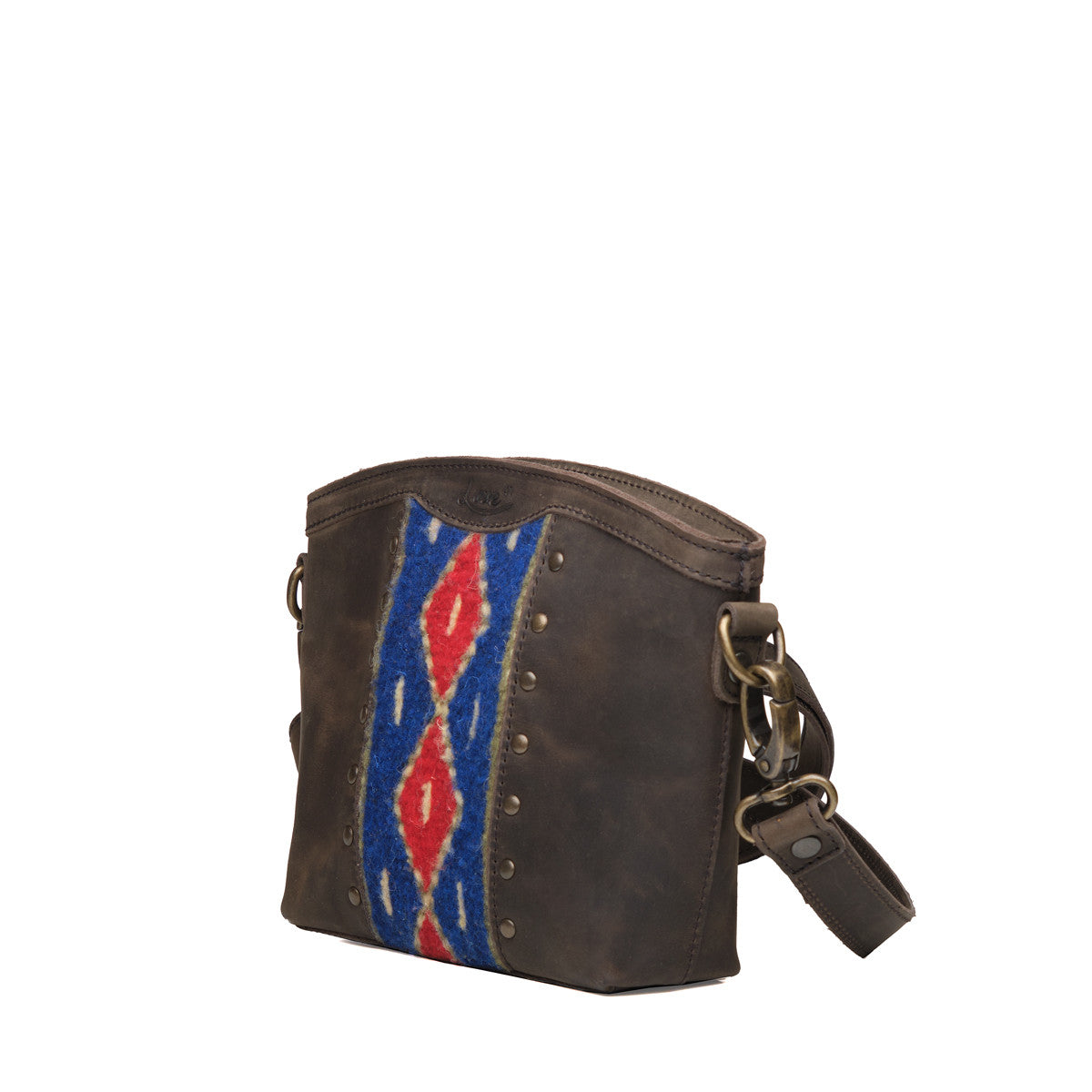 Lanita Small Crossbody in charcoal gray, angled front view with woven panel and strap clip