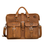 Flight Bag Leather Briefcase - Cincinnati Reds in Tobacco, front view with embossed team logo and buckled pockets