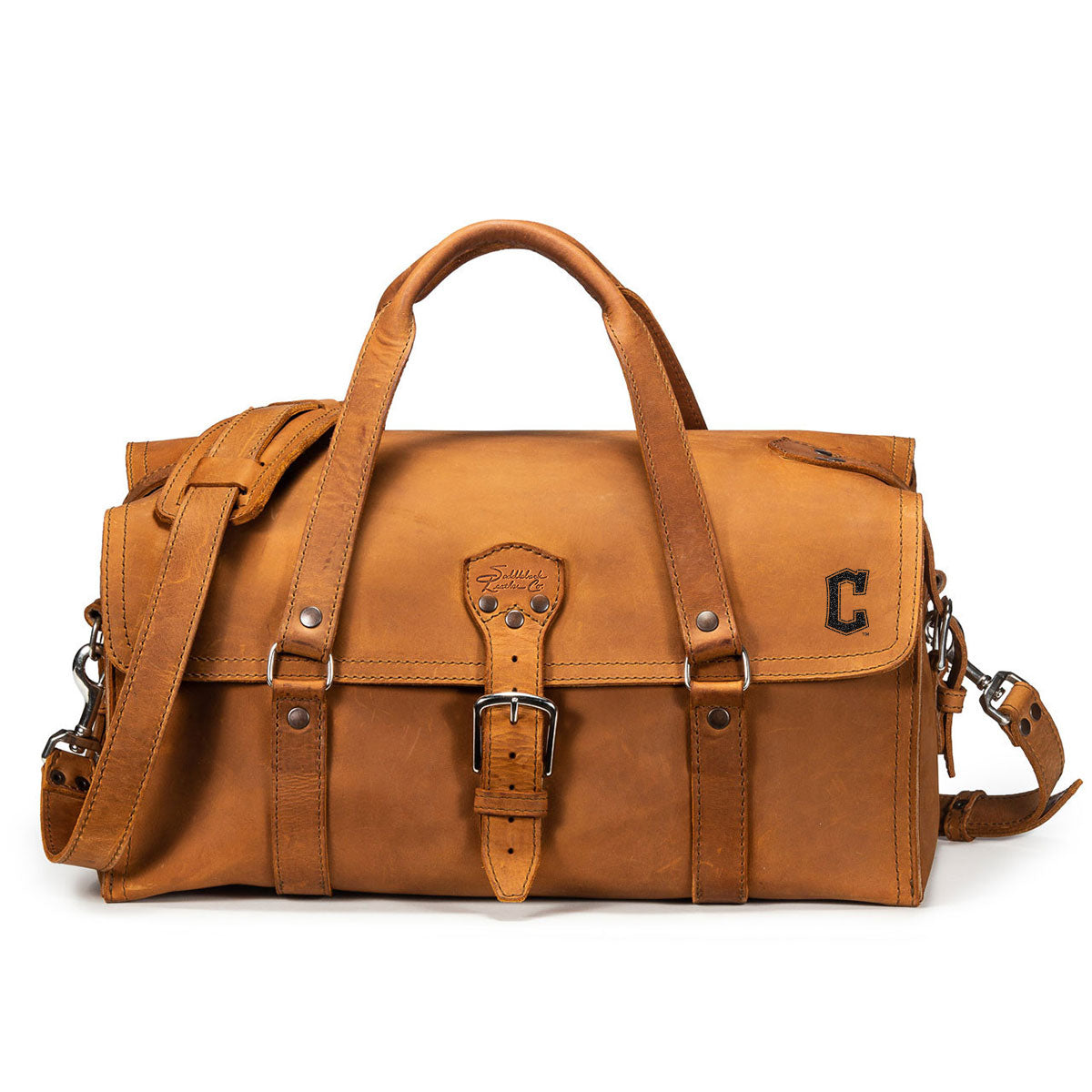 20" Baby Beast Duffle Bag in Tobacco with Cleveland Guardians logo, front view with shoulder strap