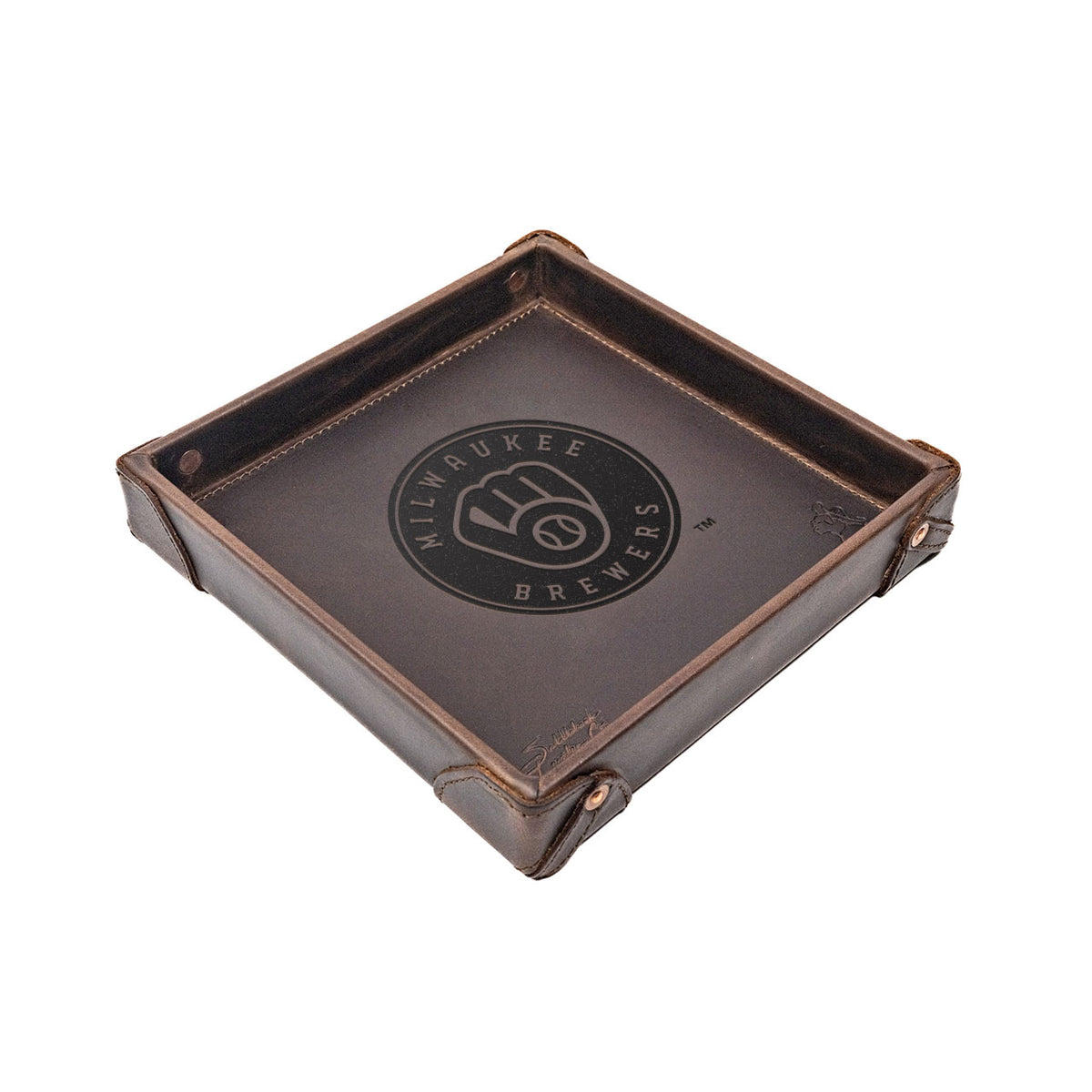 Milwaukee Brewers Leather Valet Tray in Dark Coffee Brown with riveted corners and embossed ball-in-glove logo