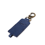 Leather Chapstick Holder in navy blue, empty front view with embossed Love 41 logo and brass clasp