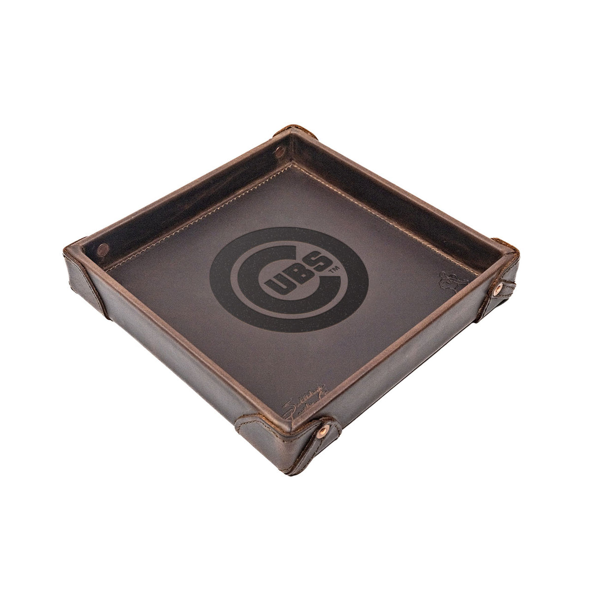 Chicago Cubs Leather Valet Tray in Dark Coffee Brown with riveted corners and embossed Cubs bullseye logo