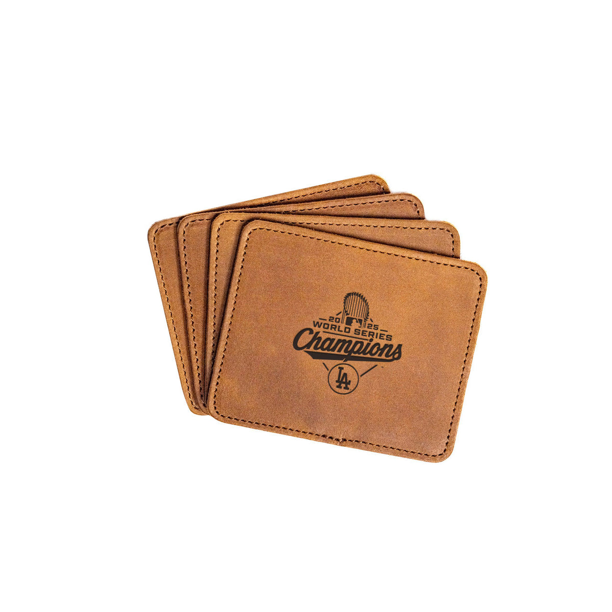 Leather Coaster Set - Los Angeles Dodgers World Series Champions in Tobacco, stacked coasters with champions logo