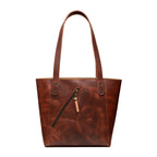 Concealed Carry Leather Tote in Chestnut, front view with diagonal zippered pocket and shoulder straps
