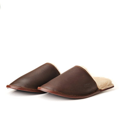Pair of Women's Sheepskin Slippers in Dark Coffee Brown, side view