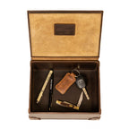 Leather Desk Box in Dark Coffee Brown, open top view with pen, keychain and pocket knife inside