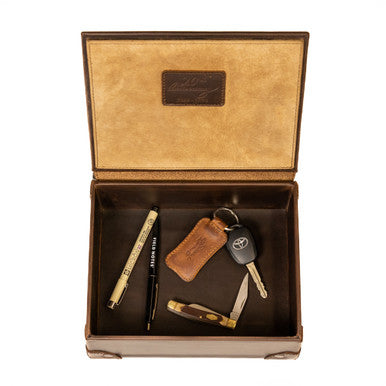 Leather Desk Box in Dark Coffee Brown, open top view with pen, keychain and pocket knife inside
