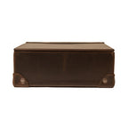 Leather Desk Box in Dark Coffee Brown, closed front view with corner rivets