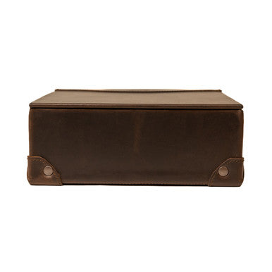 Leather Desk Box in Dark Coffee Brown, closed front view with corner rivets