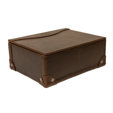 Leather Desk Box in Dark Coffee Brown, closed side angle view