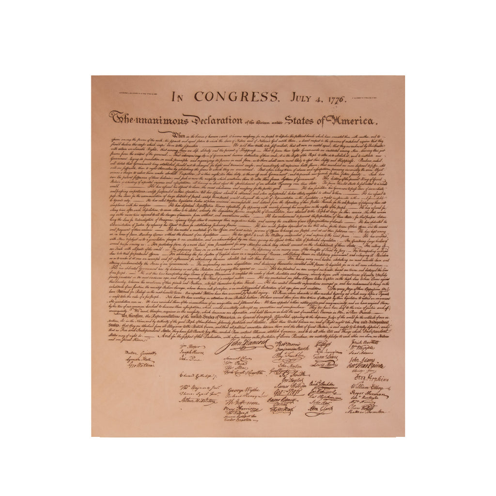 Leather Declaration Of Independence - Natural, front view of the full text and signatures printed on tan leather, unframed
