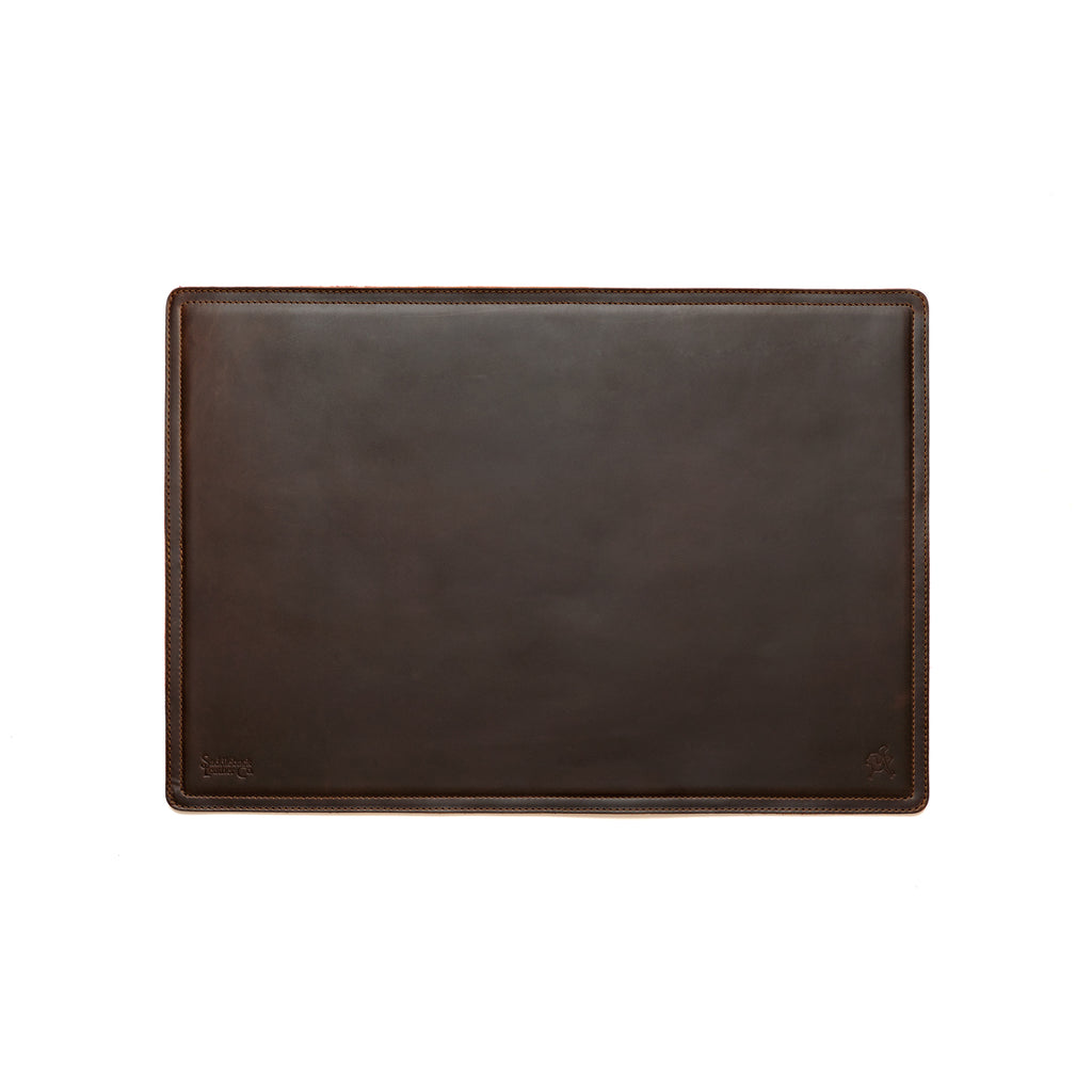 Desk Pad in Dark Coffee Brown leather, empty top-down view showing stitched border and rounded corners