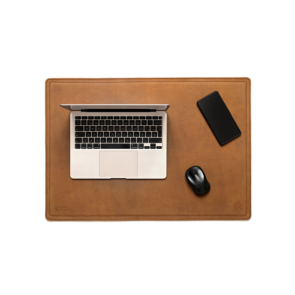 Leather Desk Pad New Design in Tobacco with laptop, phone and mouse, top view