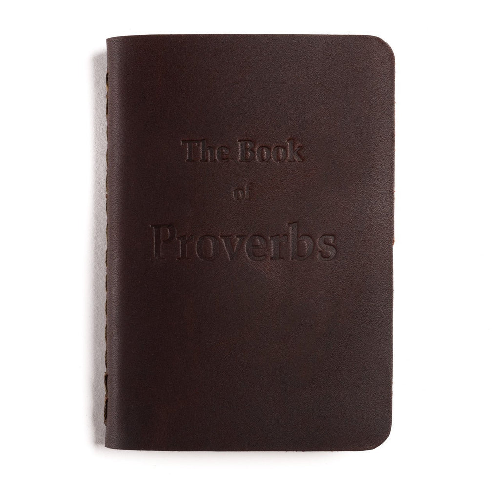 Leather Pocket Bible, Book of Proverbs in dark reddish-brown leather, front cover with embossed title