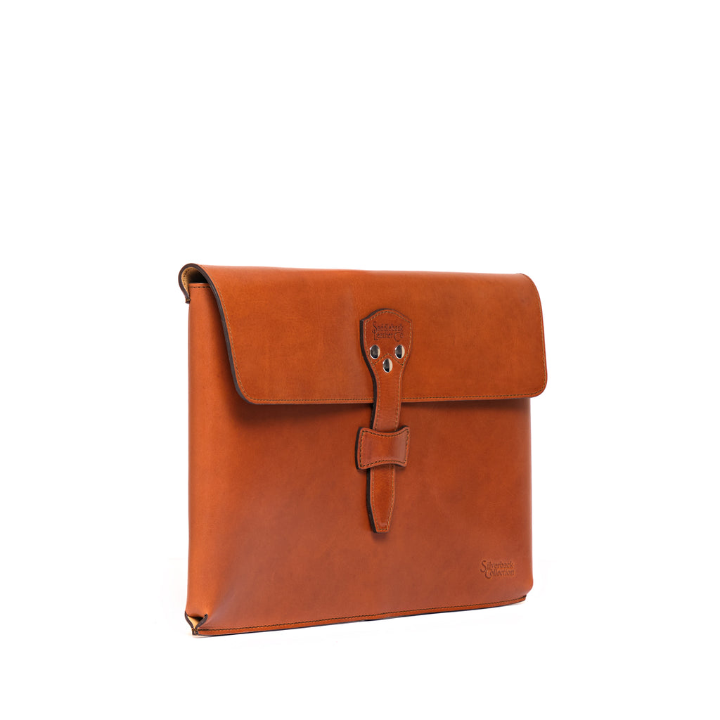 Silverback Document Holder in English Tan, angled front view with riveted tab closure