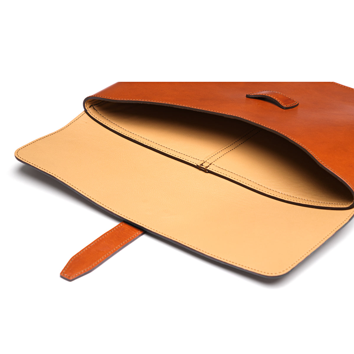Silverback Document Holder in English Tan, open flap showing the natural leather interior and strap