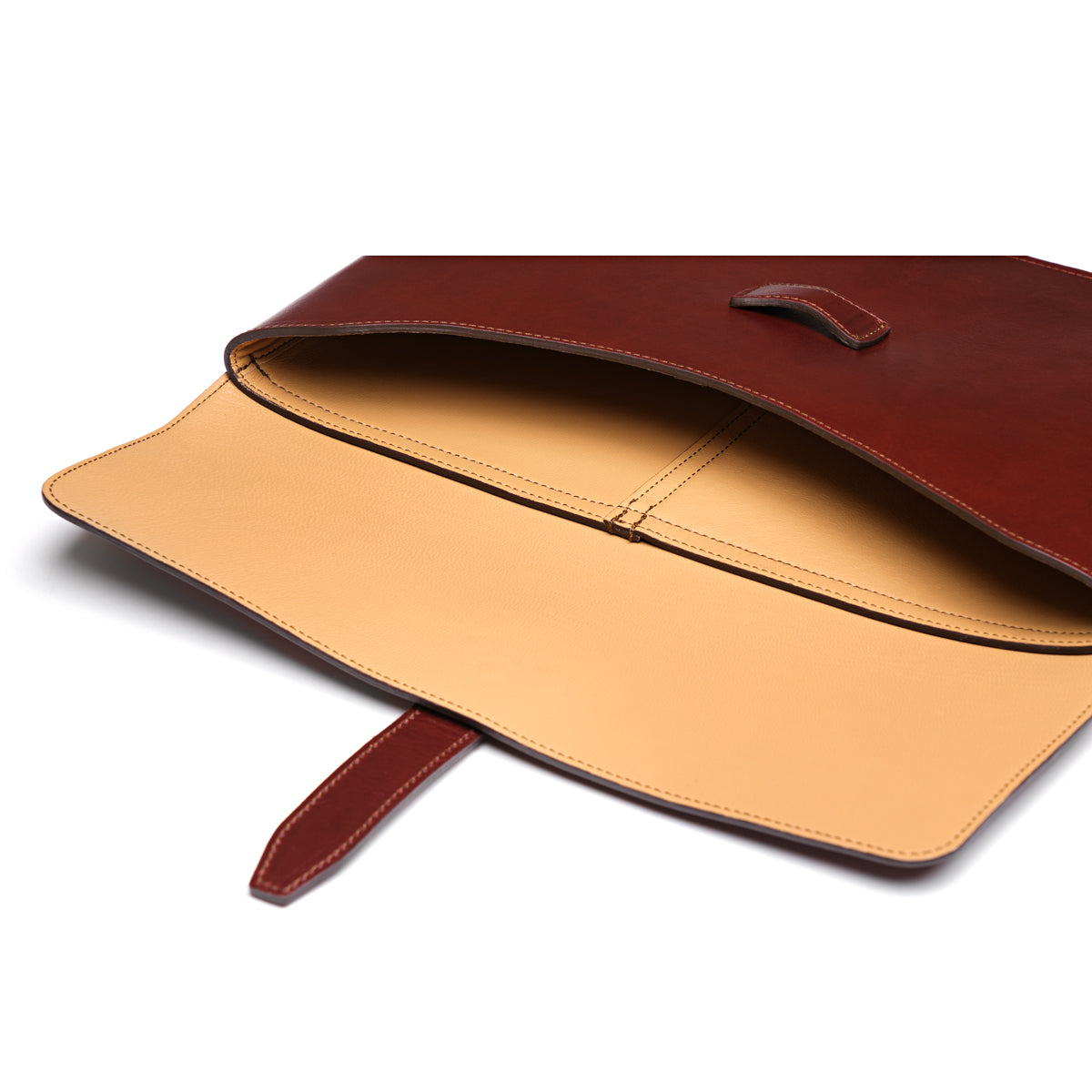 Silverback Document Holder in Chestnut, open flap showing the tan leather interior and strap