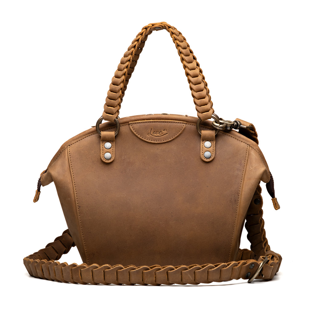 Dovetail Satchel in Tobacco, front view with braided handles and braided shoulder strap