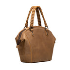 Dovetail Satchel in Tobacco, angled back view with braided handles and side zipper