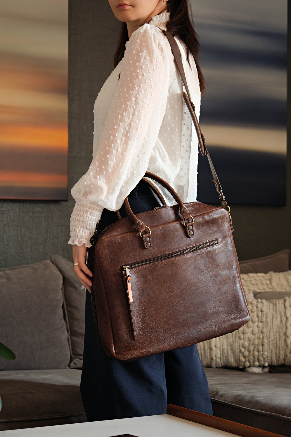 Women's Business Satchel in Chestnut, worn on the shoulder by a woman in a white blouse