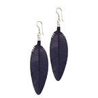Leather Feather Earrings in Dark Blue, pair with etched feather detail and silver fishhook ear wires