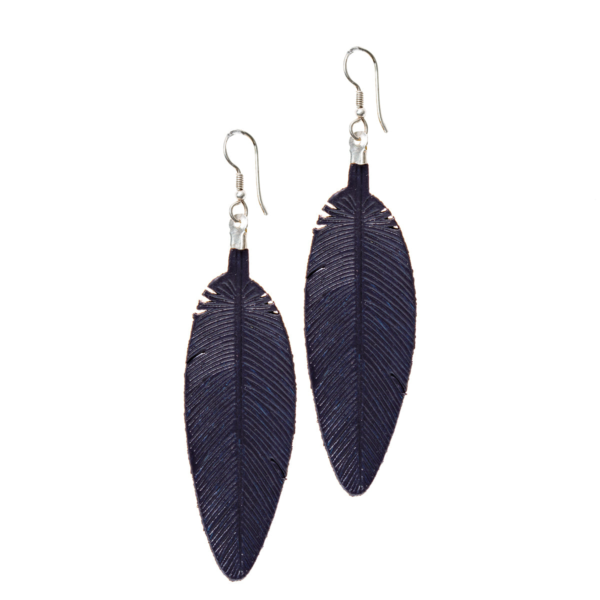 Leather Feather Earrings in Dark Blue, pair with etched feather detail and silver fishhook ear wires