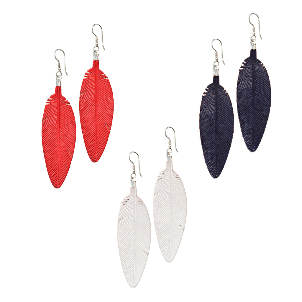 Leather Feather Earrings in Red, White and Dark Blue, three pairs shown together