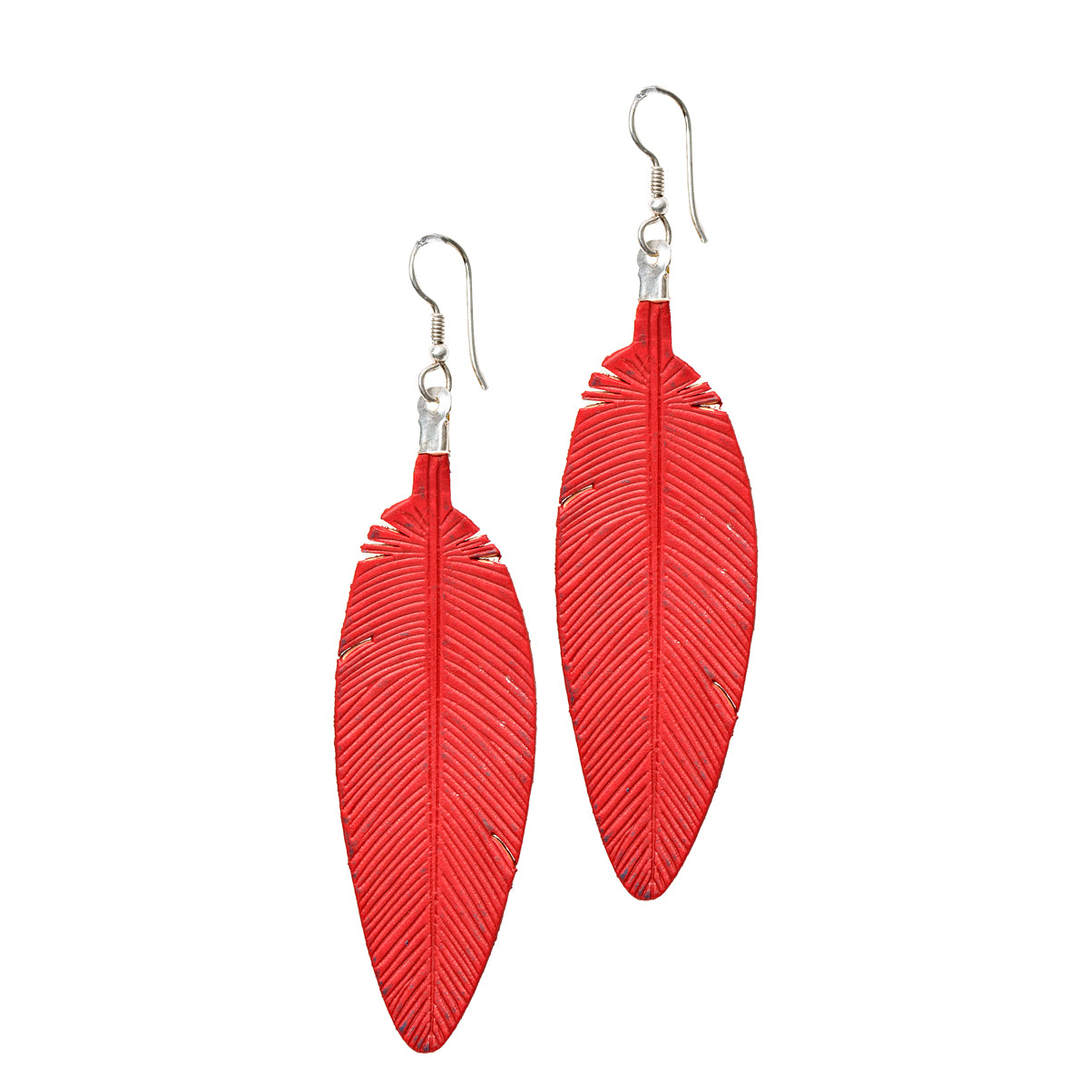 Leather Feather Earrings in Red, pair with etched feather detail and silver fishhook ear wires