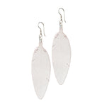 Leather Feather Earrings in White, pair with etched feather detail and silver fishhook ear wires