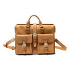 Flight Bag Leather Briefcase in tan, front view with two buckled pockets and detachable shoulder strap