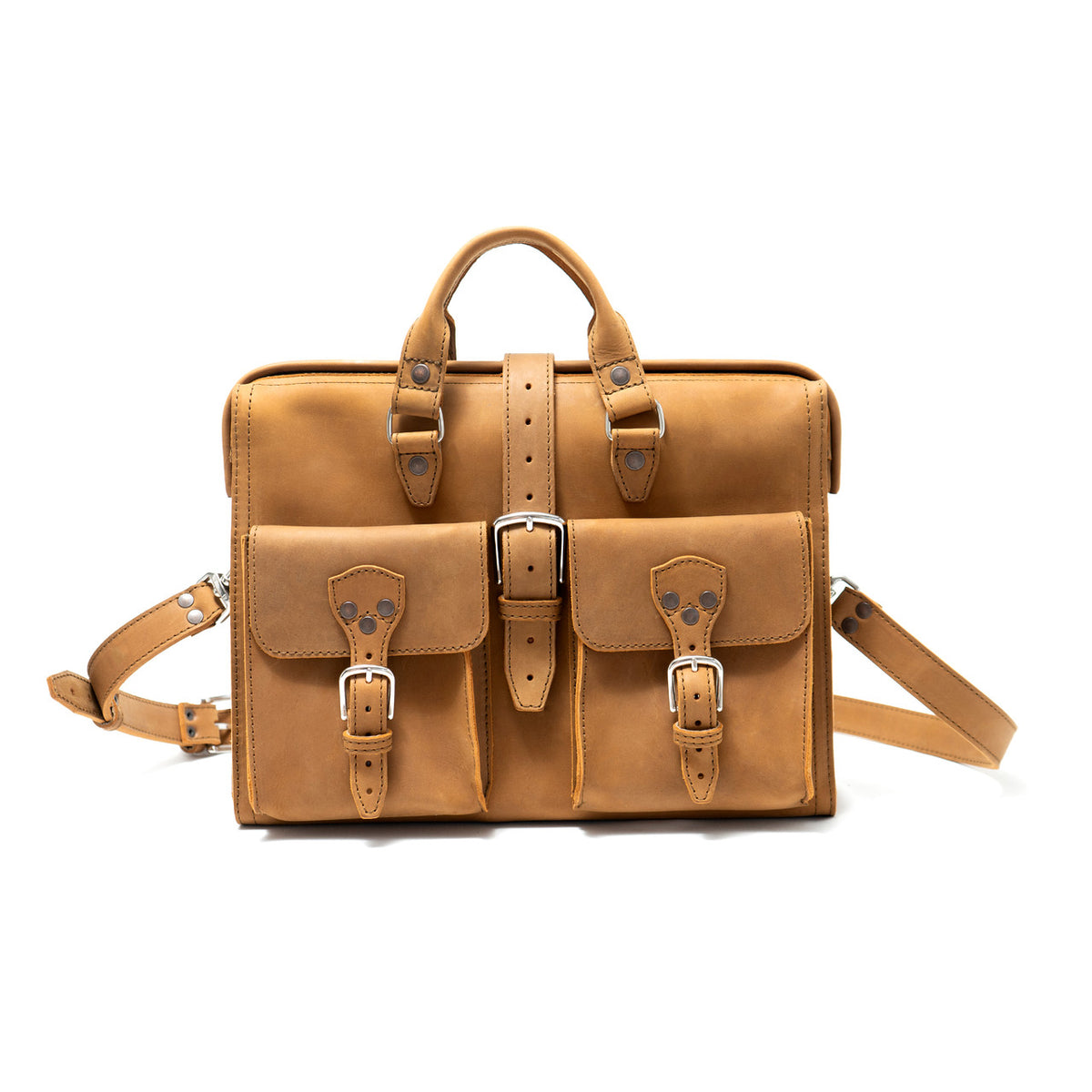 Flight Bag Leather Briefcase in tan, front view with two buckled pockets and detachable shoulder strap