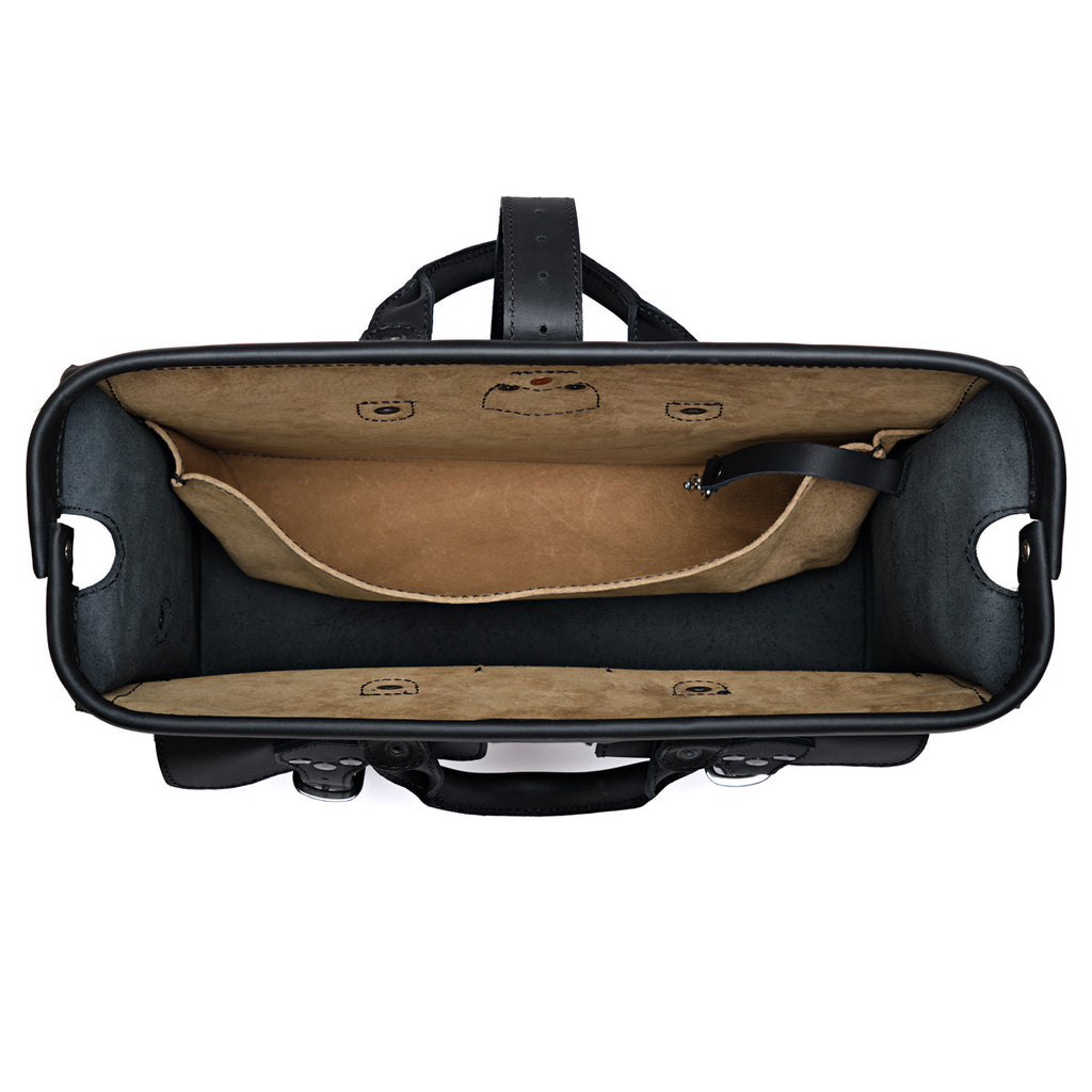 Flight Bag Leather Briefcase in black, top-down view of the open main compartment with tan pigskin lining