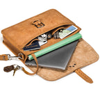 Fourteener Thin Leather Briefcase in Tobacco, open flap showing laptop, books and accessories inside