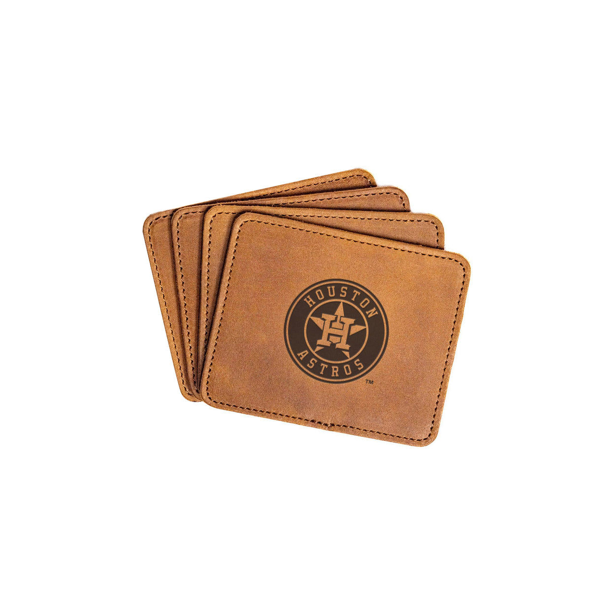 Houston Astros Leather Coaster Set in Tobacco, four fanned coasters with embossed Houston Astros star logo