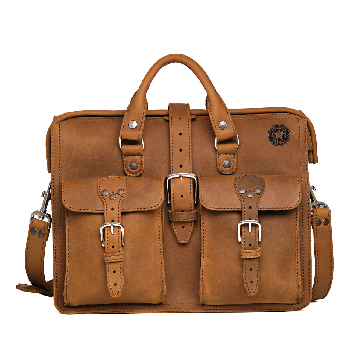 Flight Bag Leather Briefcase - Houston Astros in Tobacco, front view with embossed team logo and buckled pockets