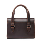 Double Handle Purse in Dark Coffee Brown, back view with twin top handles and buckle tabs