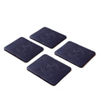Saddleback Club Membership John Adams Leather Coaster Set in Blue and Red, four navy coasters with embossed seal laid out