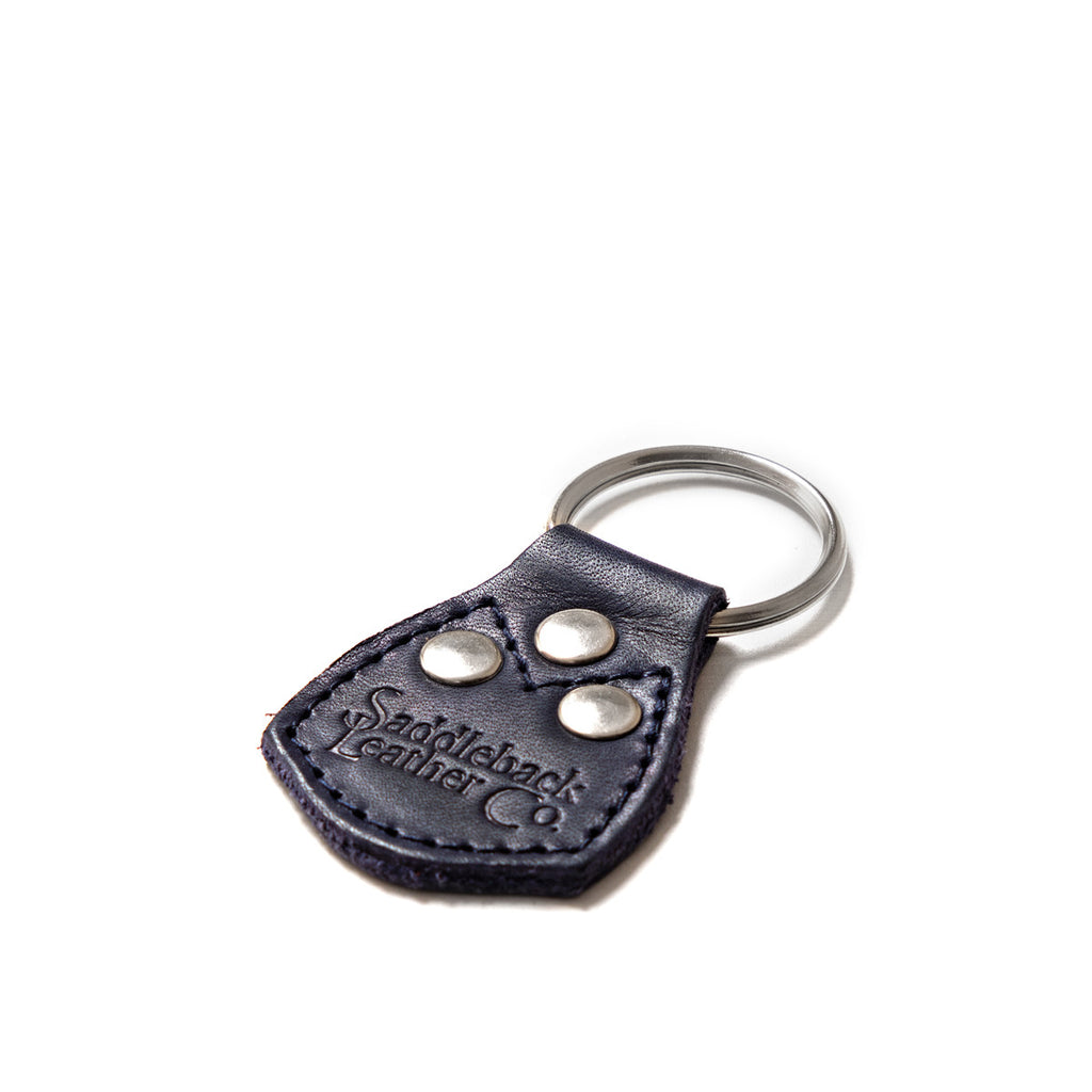 Saddleback Club Membership Benjamin Franklin Leather Keychain in Blue with embossed logo, rivets and split ring