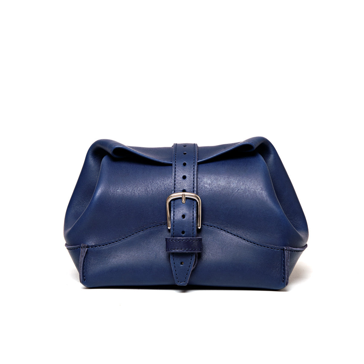 Saddleback Club Membership George Washington Leather Roll-Up Toiletry Bag in Blue, front view with buckle strap closure