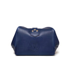 Saddleback Club Membership George Washington Leather Roll-Up Toiletry Bag in Blue, back view with embossed seal and riveted tab