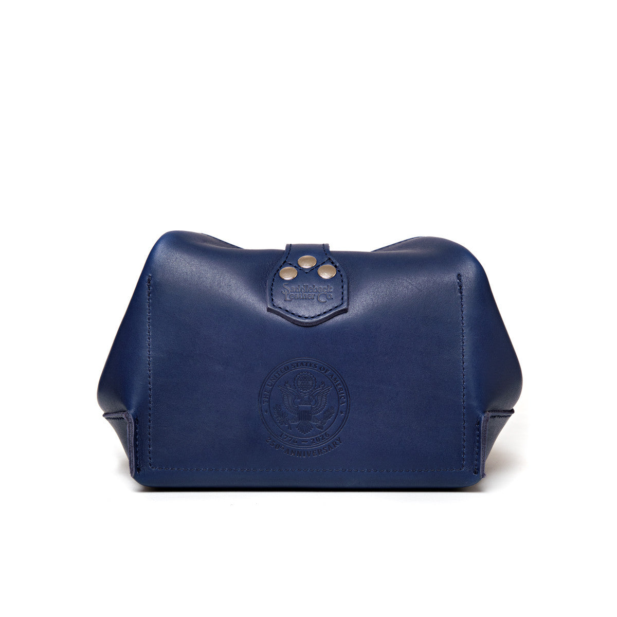 Saddleback Club Membership George Washington Leather Roll-Up Toiletry Bag in Blue, back view with embossed seal and riveted tab