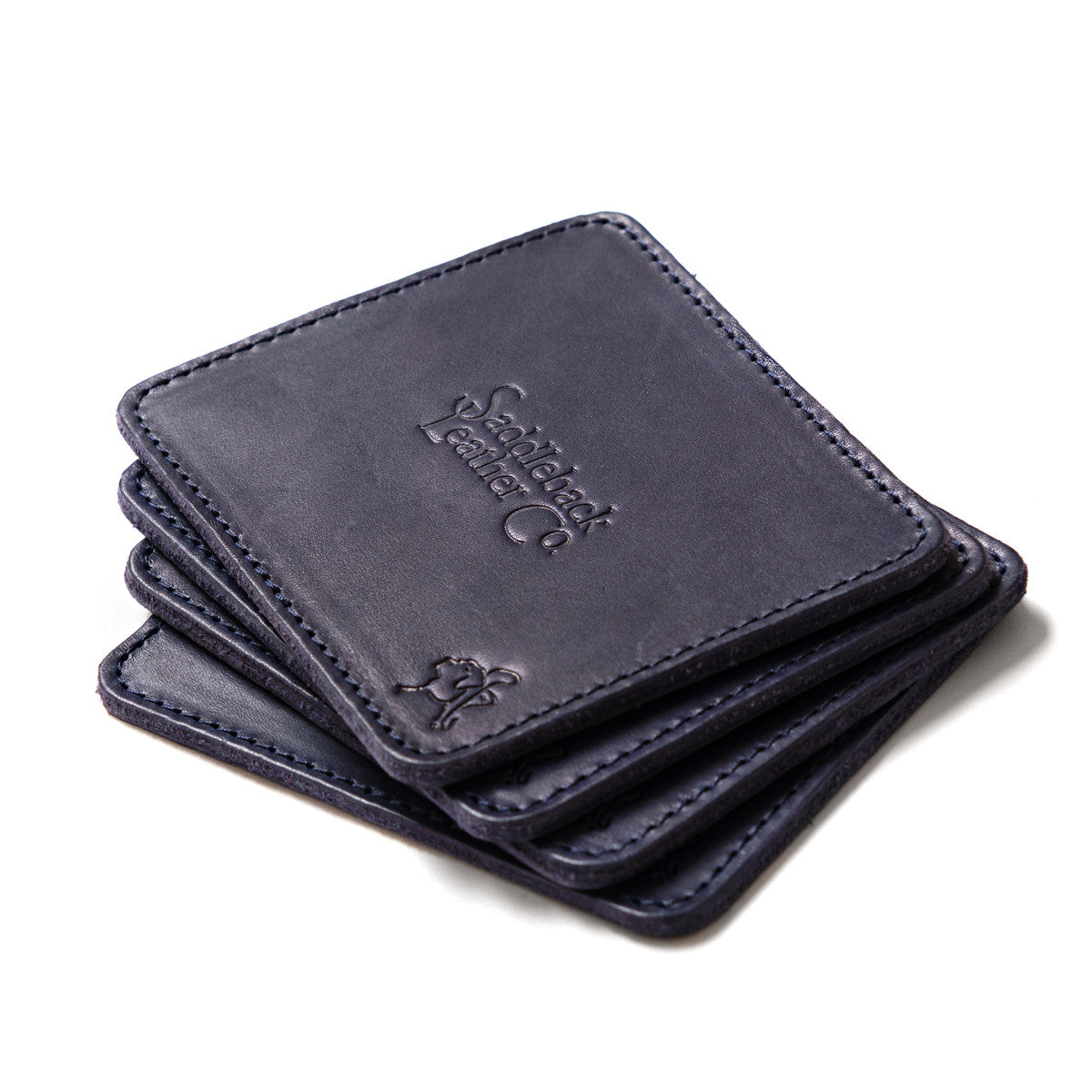 Saddleback Club Membership John Adams Leather Coaster Set in Blue and Red, stack of four embossed navy coasters