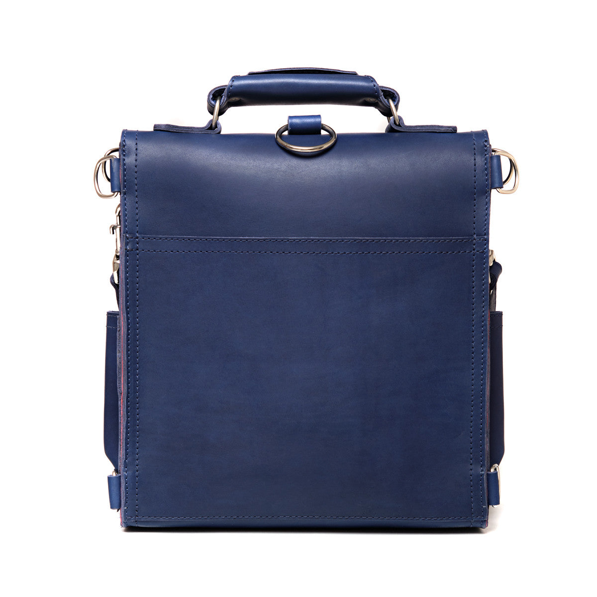 Saddleback Club Membership Paul Revere Leather Messenger Bag Backpack in Red, White and Blue, back view with top handle