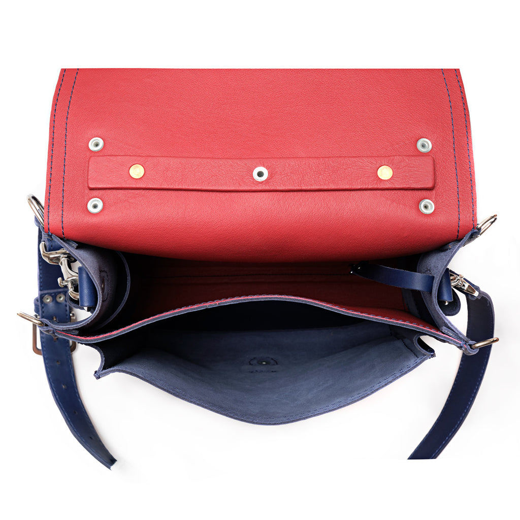 Saddleback Club Membership Paul Revere Leather Messenger Bag Backpack in Red, White and Blue, open top-down interior view