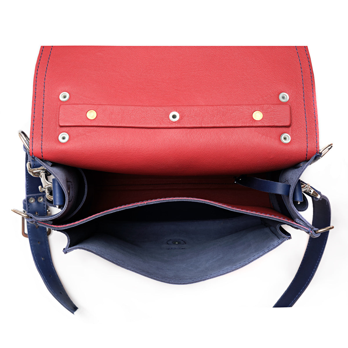 Saddleback Club Membership Paul Revere Leather Messenger Bag Backpack in Red, White and Blue, open top-down interior view