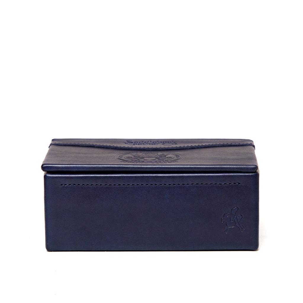 Saddleback Club Membership Thomas Jefferson Leather Desk Box in Blue and Red, closed front view with embossed logo
