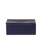 Saddleback Club Membership Thomas Jefferson Leather Desk Box in Blue and Red, closed front view with embossed logo